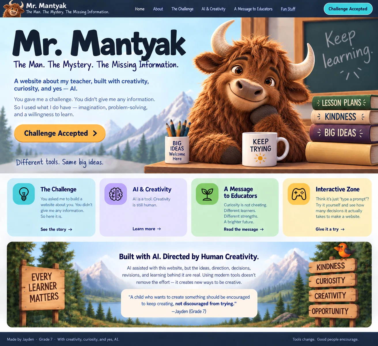 Mr. Mantyak classroom project with a happy yak, mountains and four illustrated cards